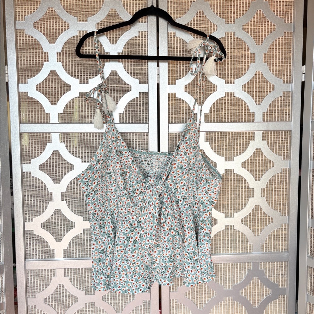 SHEIN Green and White Floral Spaghetti Strap Blouse